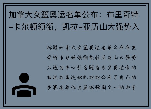 加拿大女篮奥运名单公布：布里奇特-卡尔顿领衔，凯拉-亚历山大强势入选