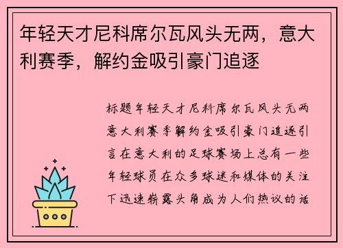 年轻天才尼科席尔瓦风头无两，意大利赛季，解约金吸引豪门追逐