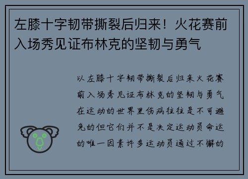 左膝十字韧带撕裂后归来！火花赛前入场秀见证布林克的坚韧与勇气