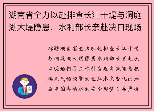 湖南省全力以赴排查长江干堤与洞庭湖大堤隐患，水利部长亲赴决口现场指导工作